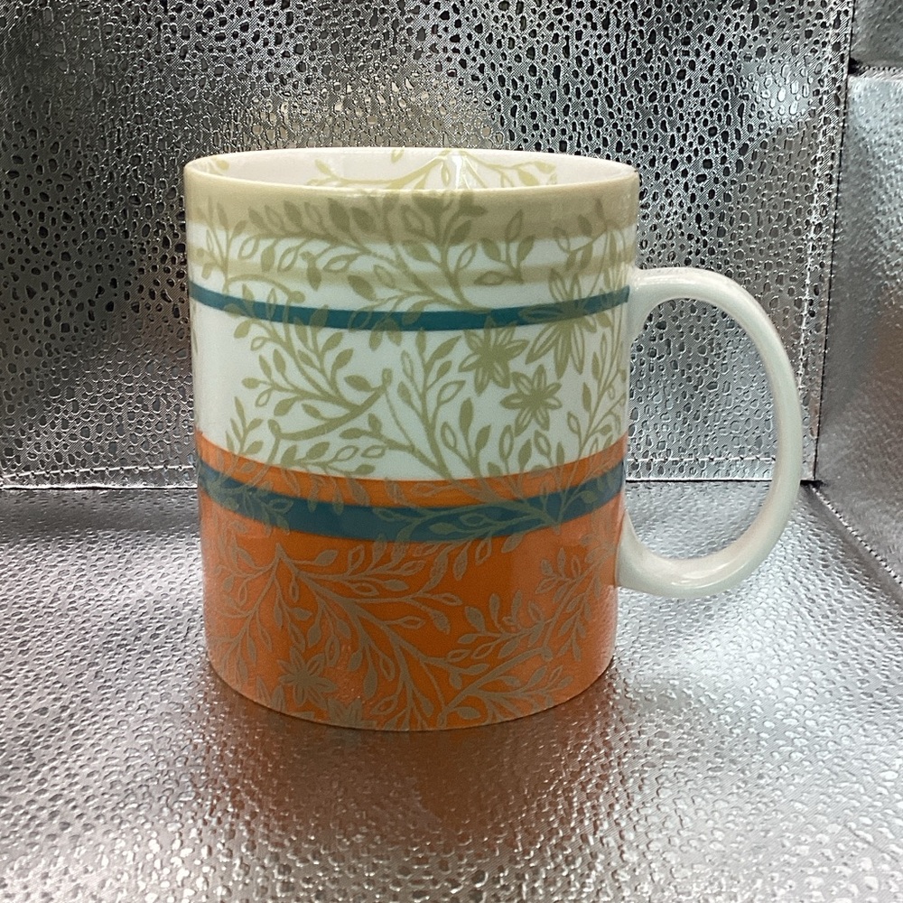Floral Patterned Mug with Orange and Blue Stripes, ‘Starbucks’